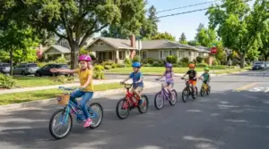 Children riding bikes on street