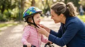 Parent adjusting child bicycle helmet