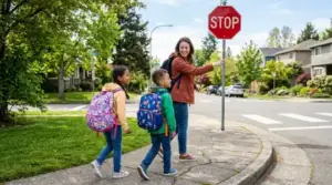 Parent teaching children traffic signs