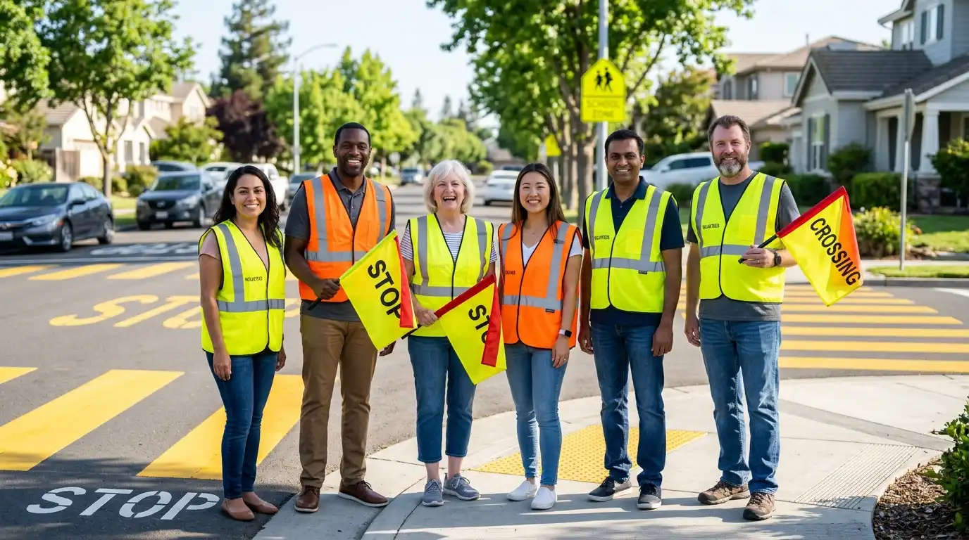 Volunteers holding pedestrian sign